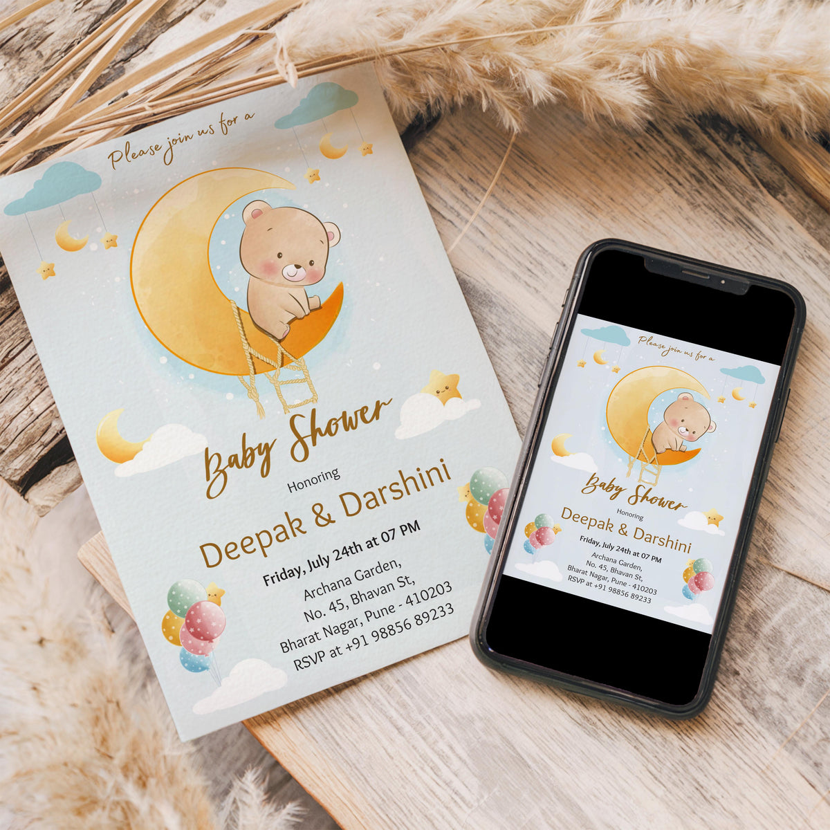 To the Moon Panda Baby Shower Invitation Template, Printable Invitation, Gender reveal, Evite, Digital Invite,  – BS019
