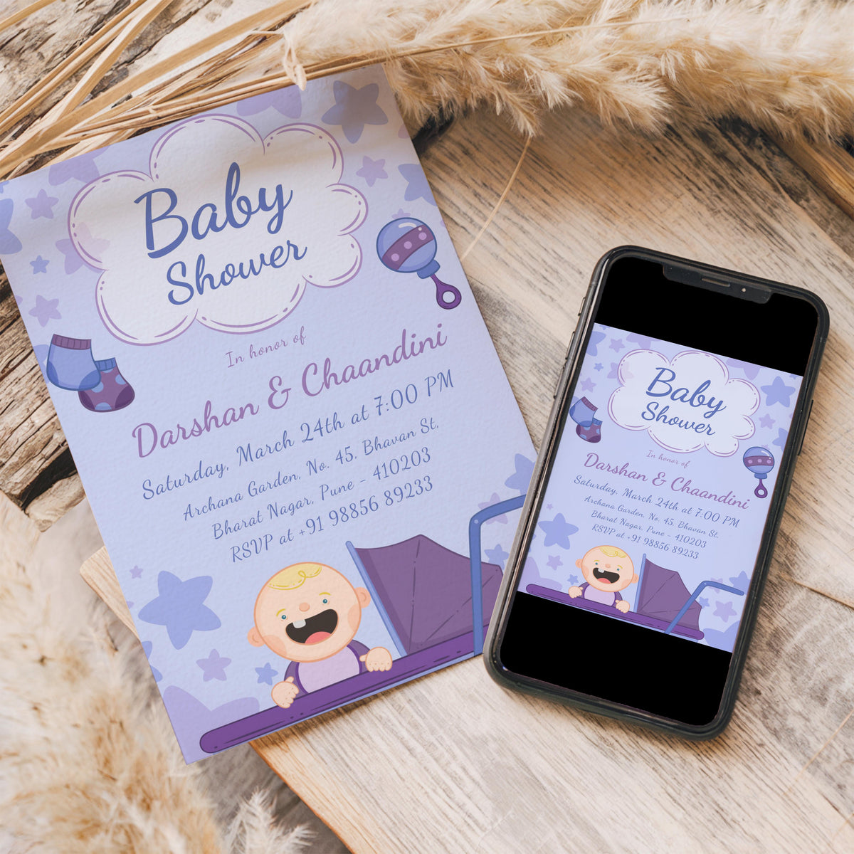 Purple Baby Shower Invitation Template, Printable Invitation, Gender reveal, Evite, Digital Invite, – BS024