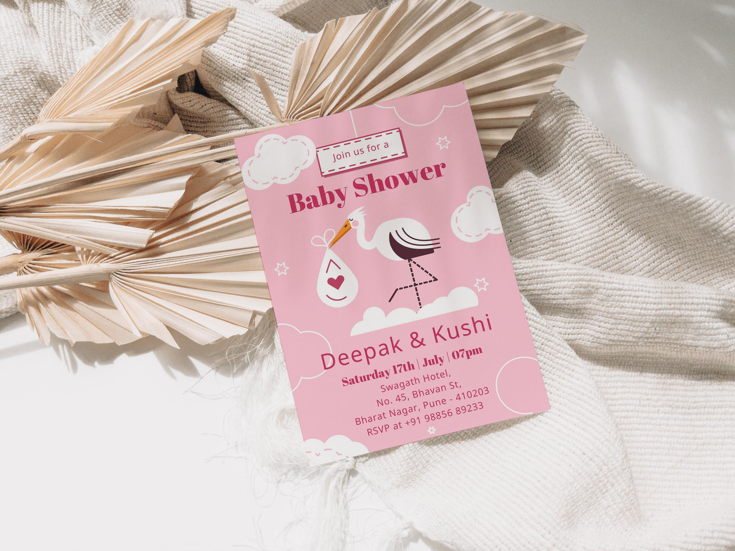 Crane Baby Shower Invitation Template, Printable Invitation, Gender reveal, Evite, Digital Invite, – BS028