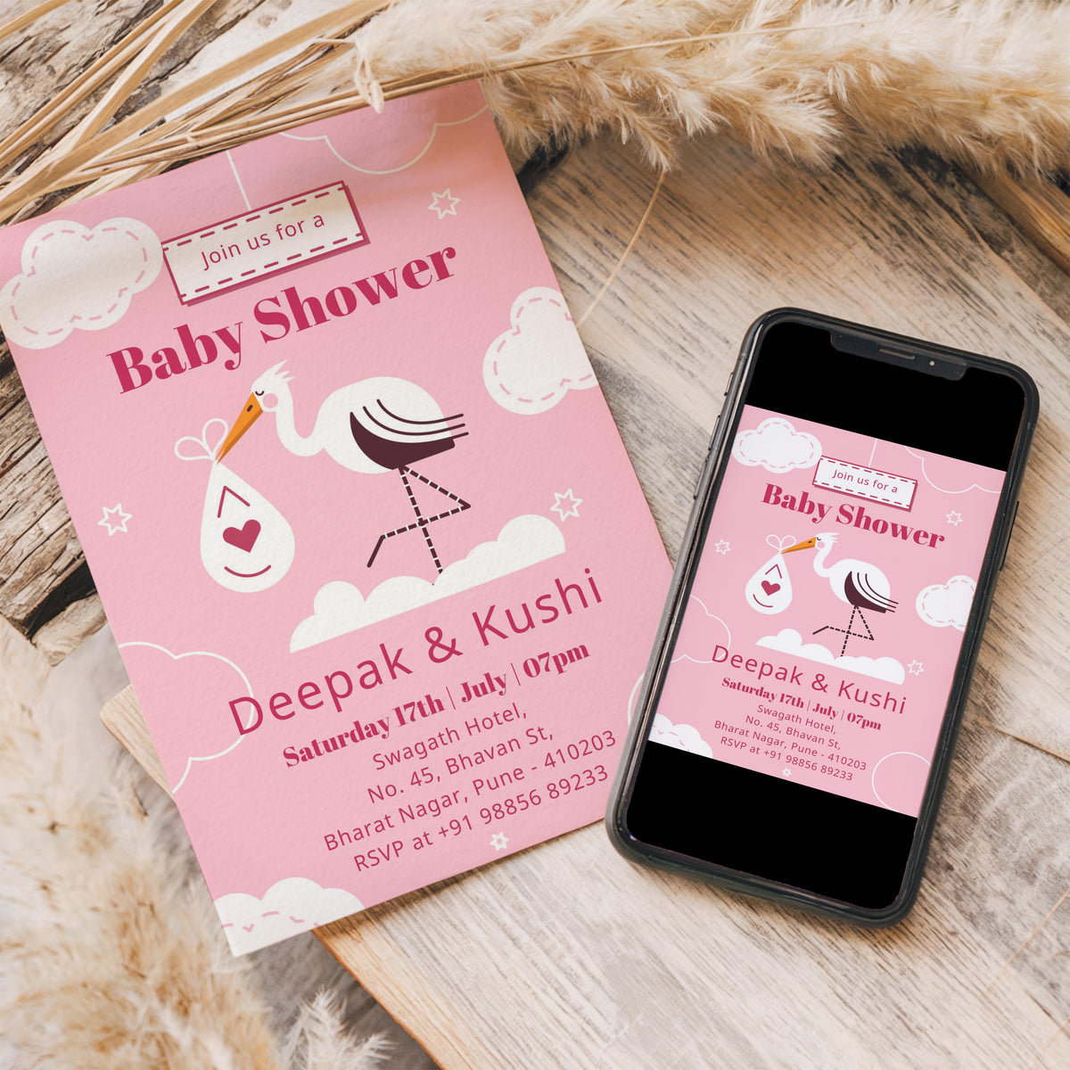 Crane Baby Shower Invitation Template, Printable Invitation, Gender reveal, Evite, Digital Invite, – BS028