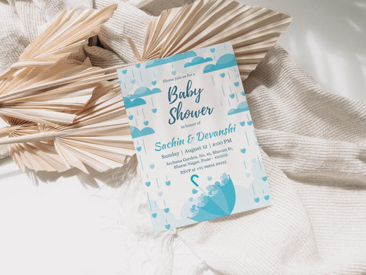 Rainy Baby Shower Invitation Template, Printable Invitation, Gender reveal, Evite, Digital Invite, – BS038