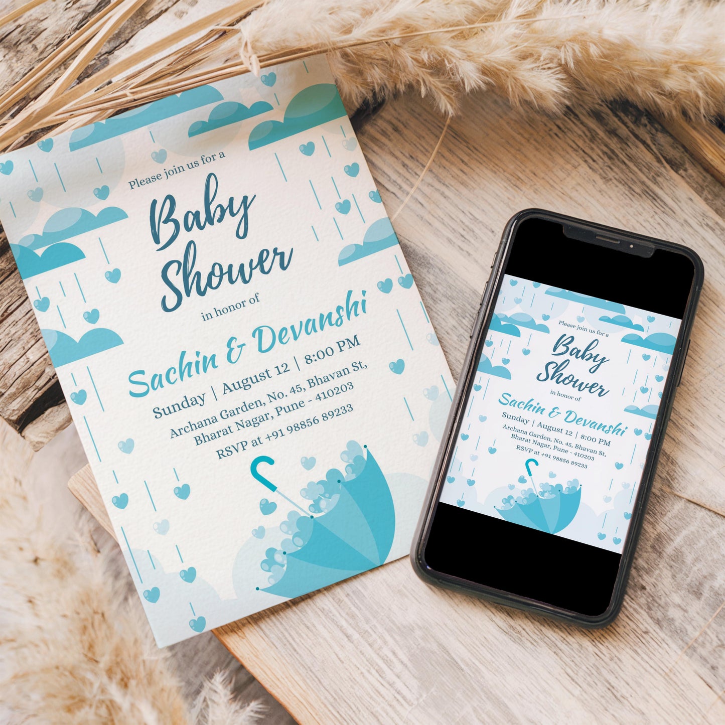 Rainy Baby Shower Invitation Template, Printable Invitation, Gender reveal, Evite, Digital Invite, – BS038