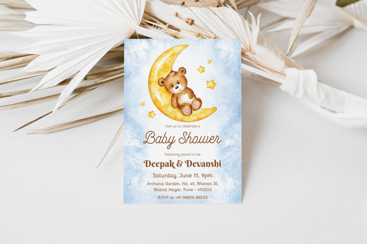 Golden Bear Baby Shower Invitation Template, Printable Invitation, Gender reveal, Evite, Digital Invite, – BS041