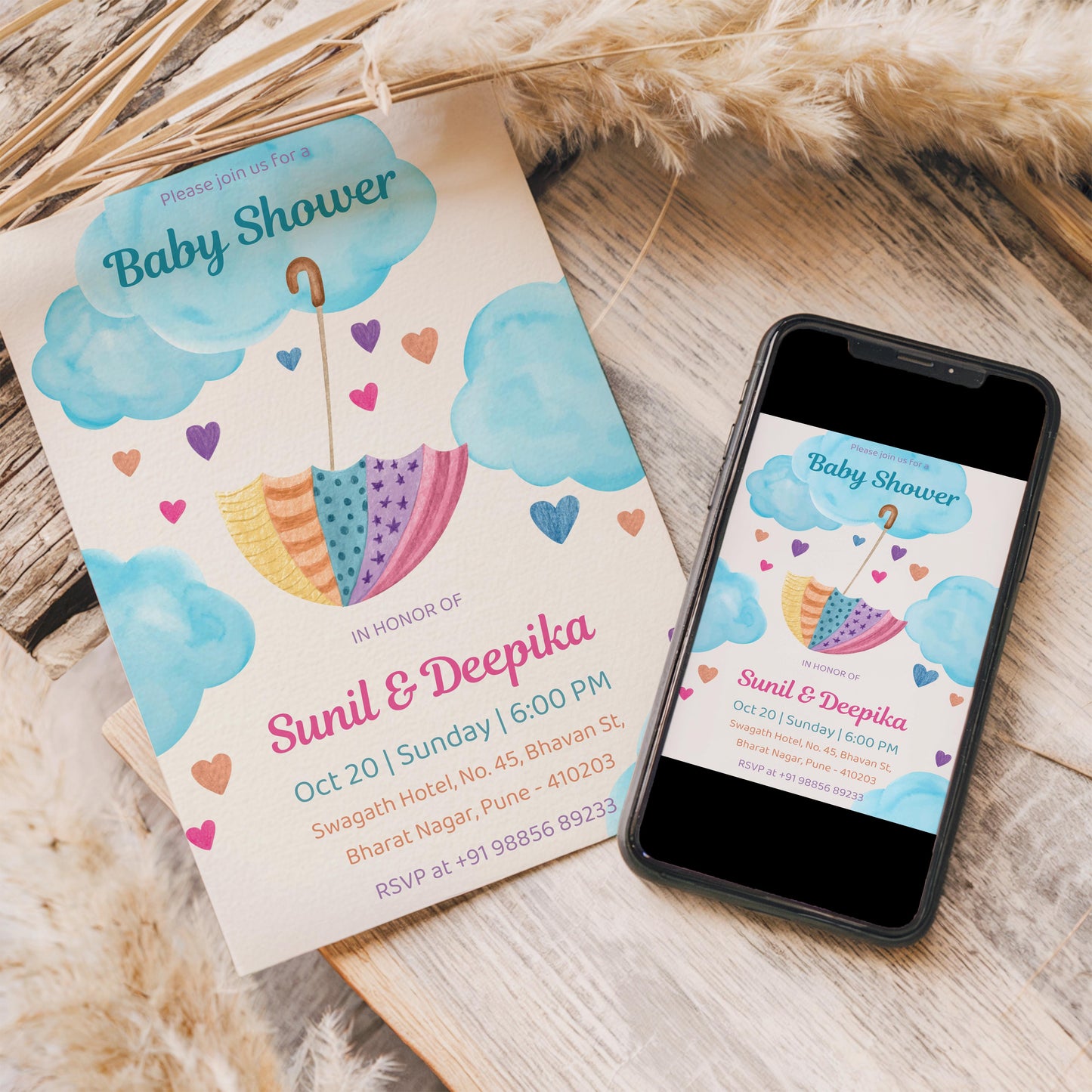 Umbrella Baby Shower Invitation Template, Printable Invitation, Gender reveal, Evite, Digital Invite,  – BS043