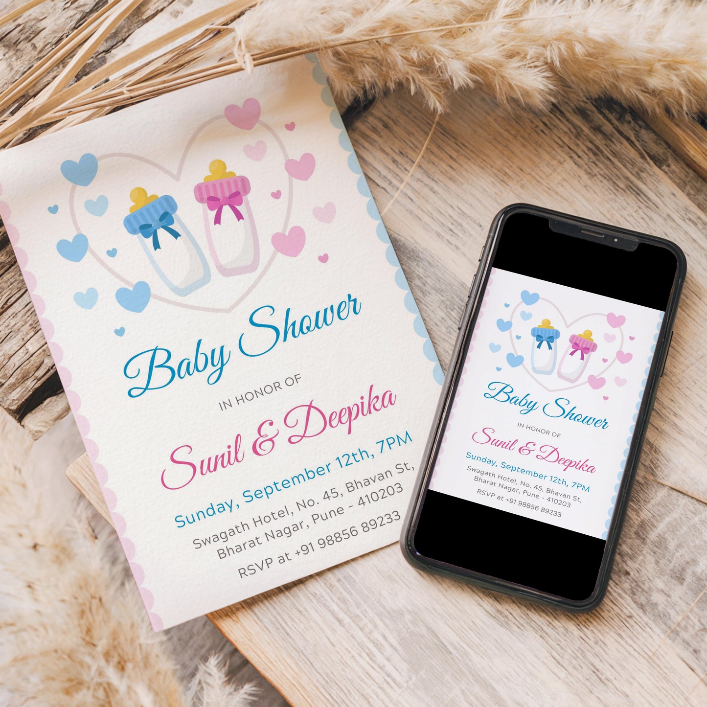 Feeding Bottle Baby Shower Invitation Template, Printable Invitation, Gender reveal, Evite, Digital Invite, – BS044