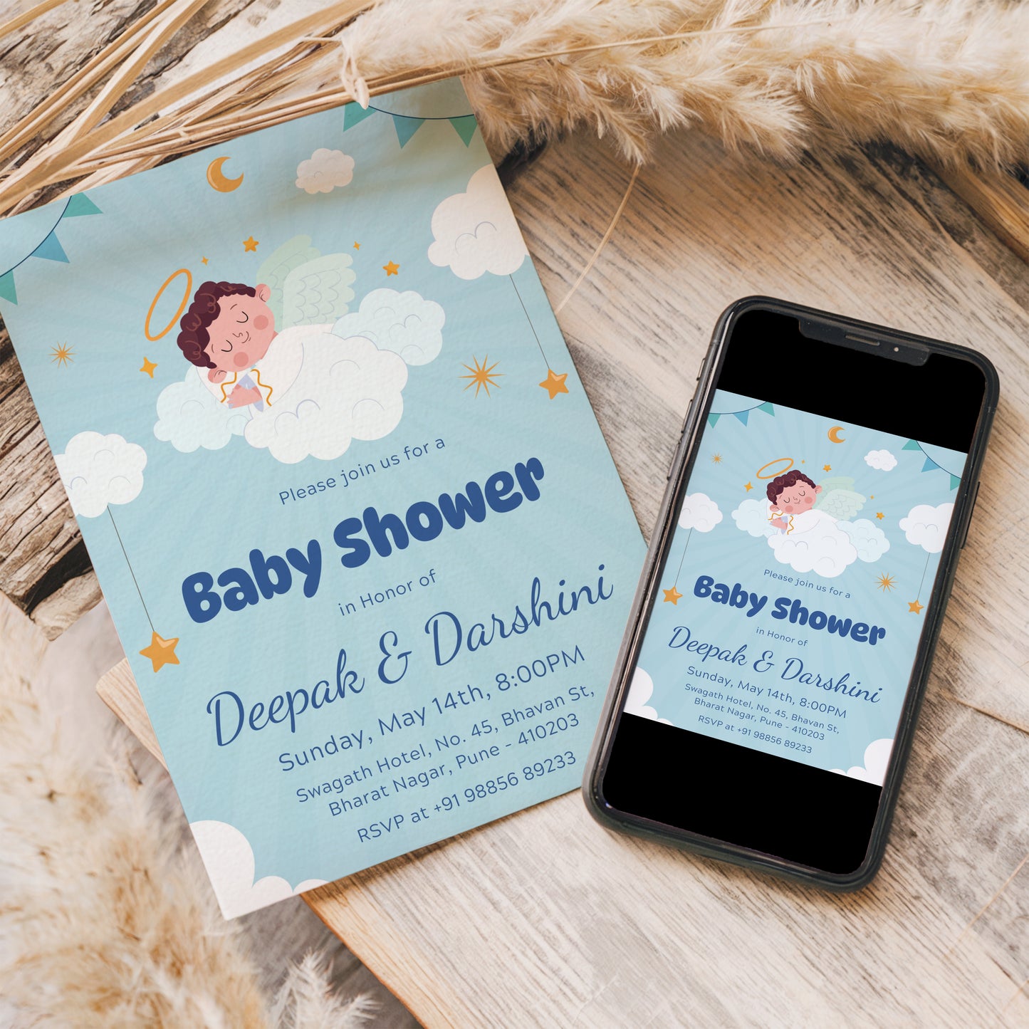 Angel Baby Shower Invitation Template, Printable Invitation, Gender reveal, Evite, Digital Invite,  – BS046