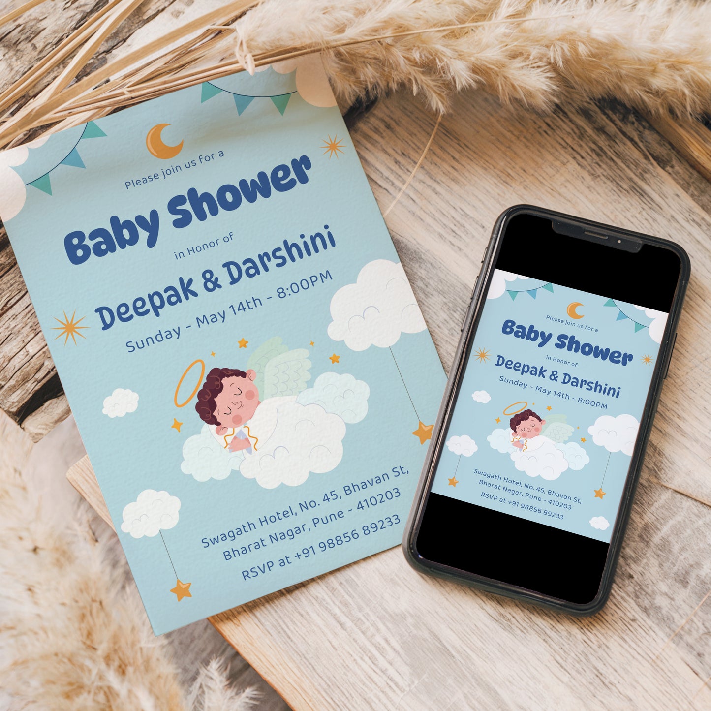 Sleeping Angel Baby Shower Invitation Template, Printable Invitation, Gender reveal, Evite, Digital Invite, – BS047