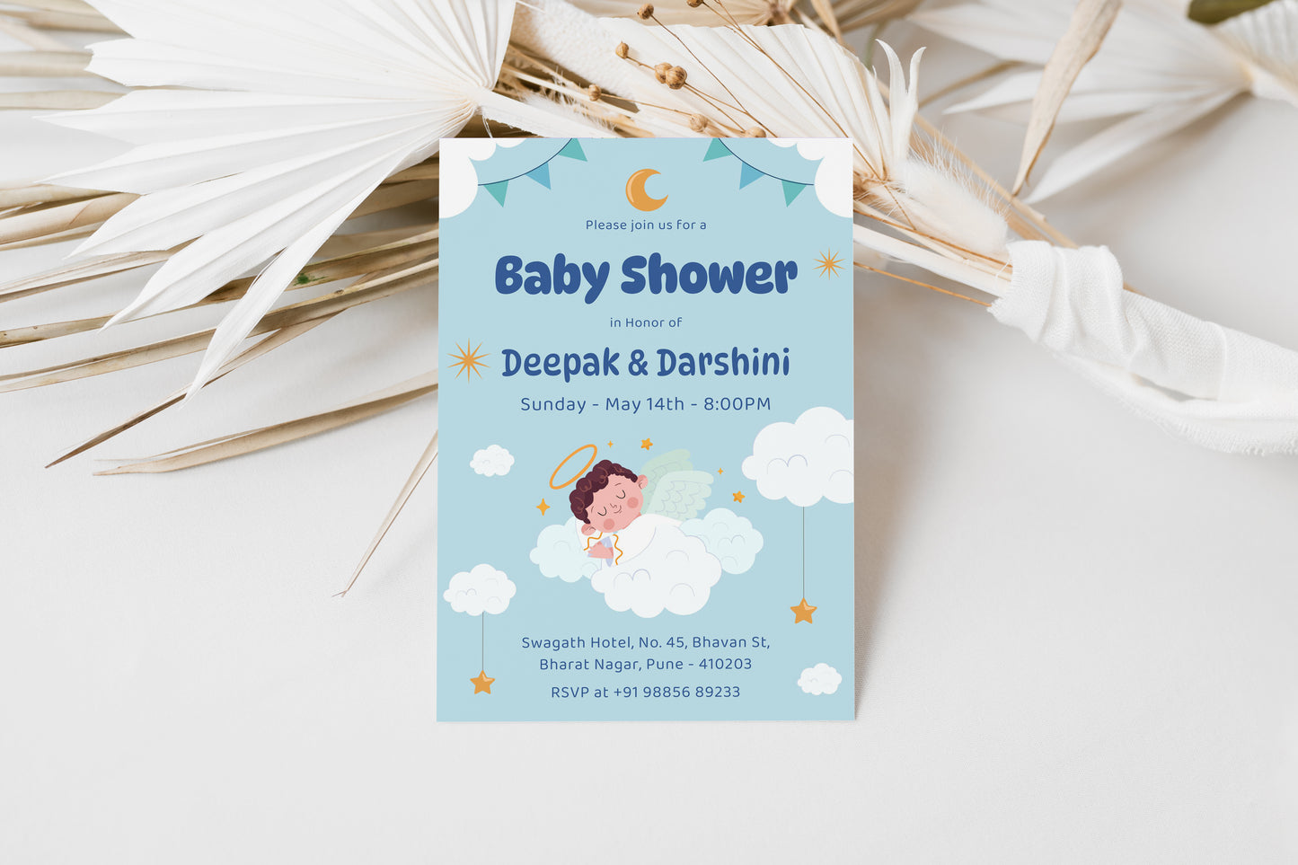 Sleeping Angel Baby Shower Invitation Template, Printable Invitation, Gender reveal, Evite, Digital Invite, – BS047