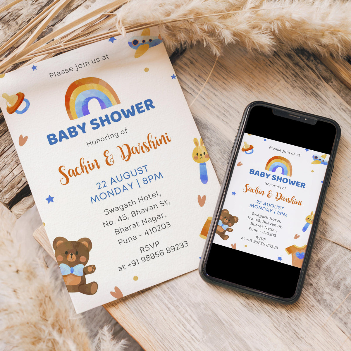 Rainbow Baby Shower Invitation Template, Printable Invitation, Gender reveal, Evite, Digital Invite, - BS051