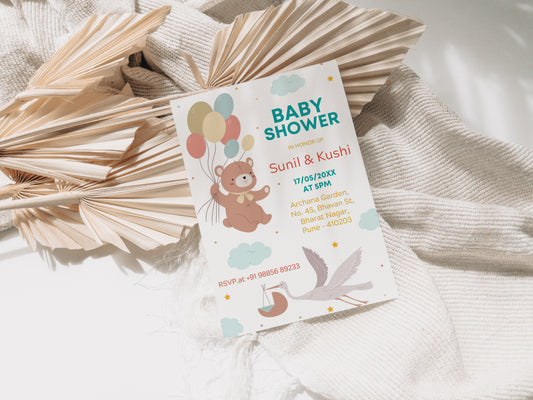 Teddy Baby Shower Invitation Template, Printable Invitation, Gender reveal, Evite, Digital Invite, – BS053