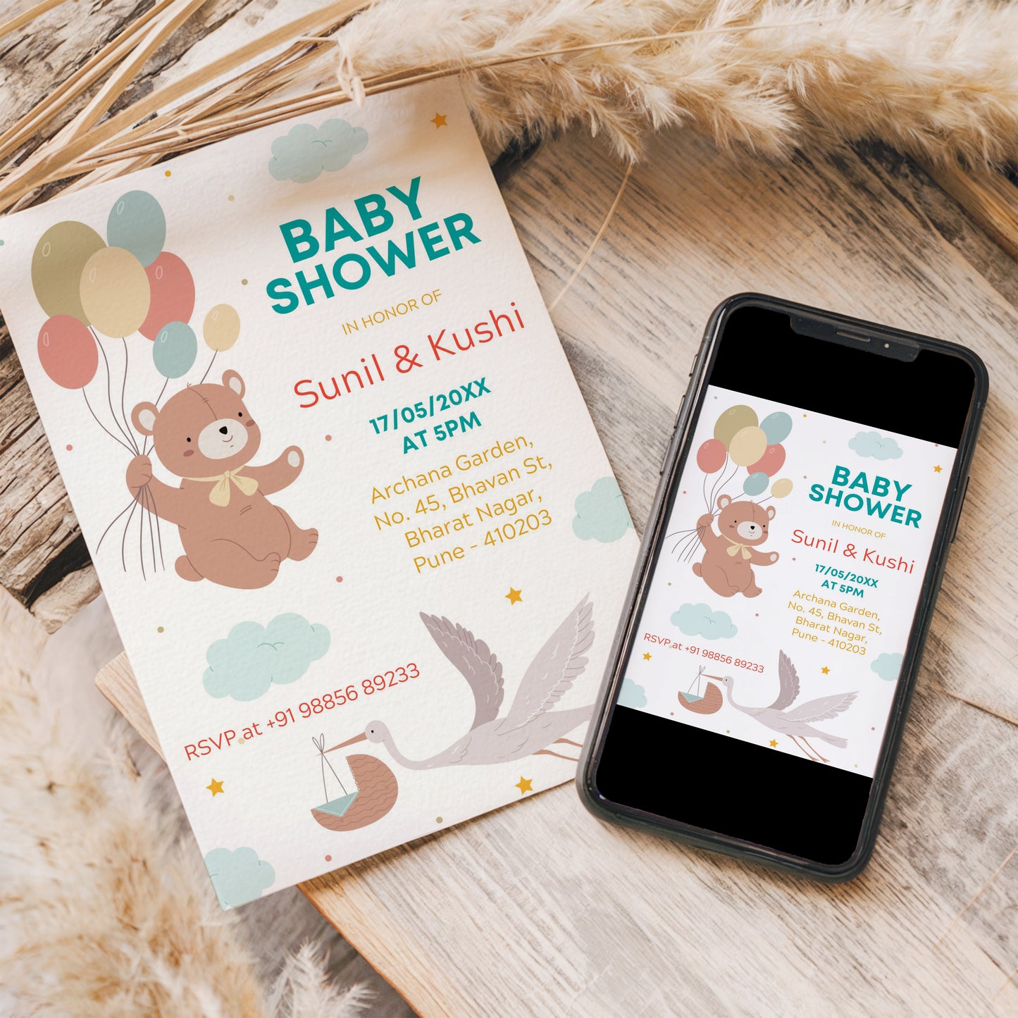Teddy Baby Shower Invitation Template, Printable Invitation, Gender reveal, Evite, Digital Invite, – BS053
