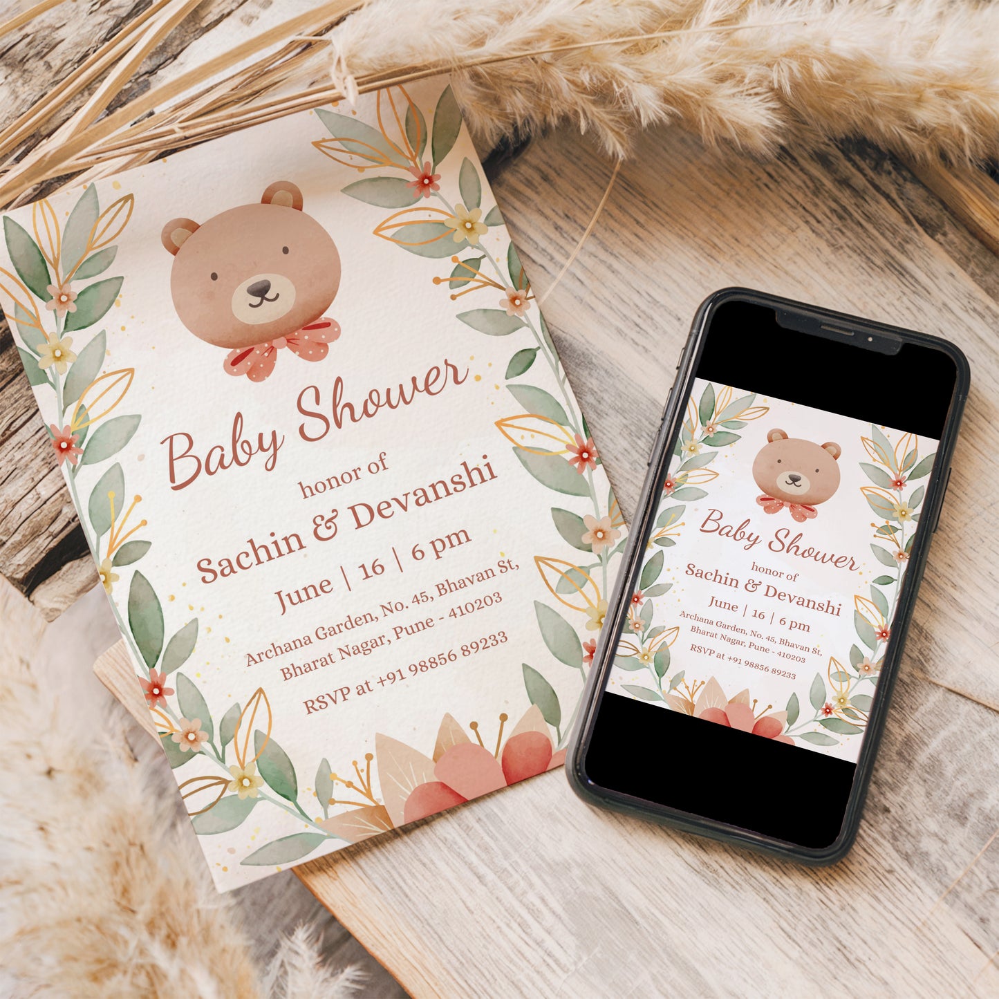 Leaf Baby Shower Invitation Template, Printable Invitation, Gender reveal, Evite, Digital Invite,  – BS055