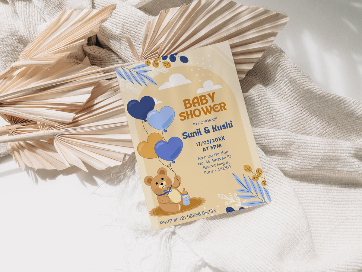 Flying Teddy Baby Shower Invitation Template, Printable Invitation, Gender reveal, Evite, Digital Invite,  – BS060