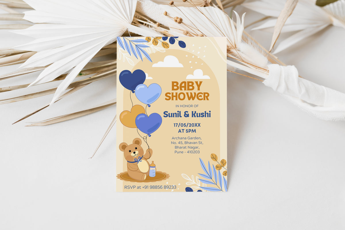 Flying Teddy Baby Shower Invitation Template, Printable Invitation, Gender reveal, Evite, Digital Invite,  – BS060