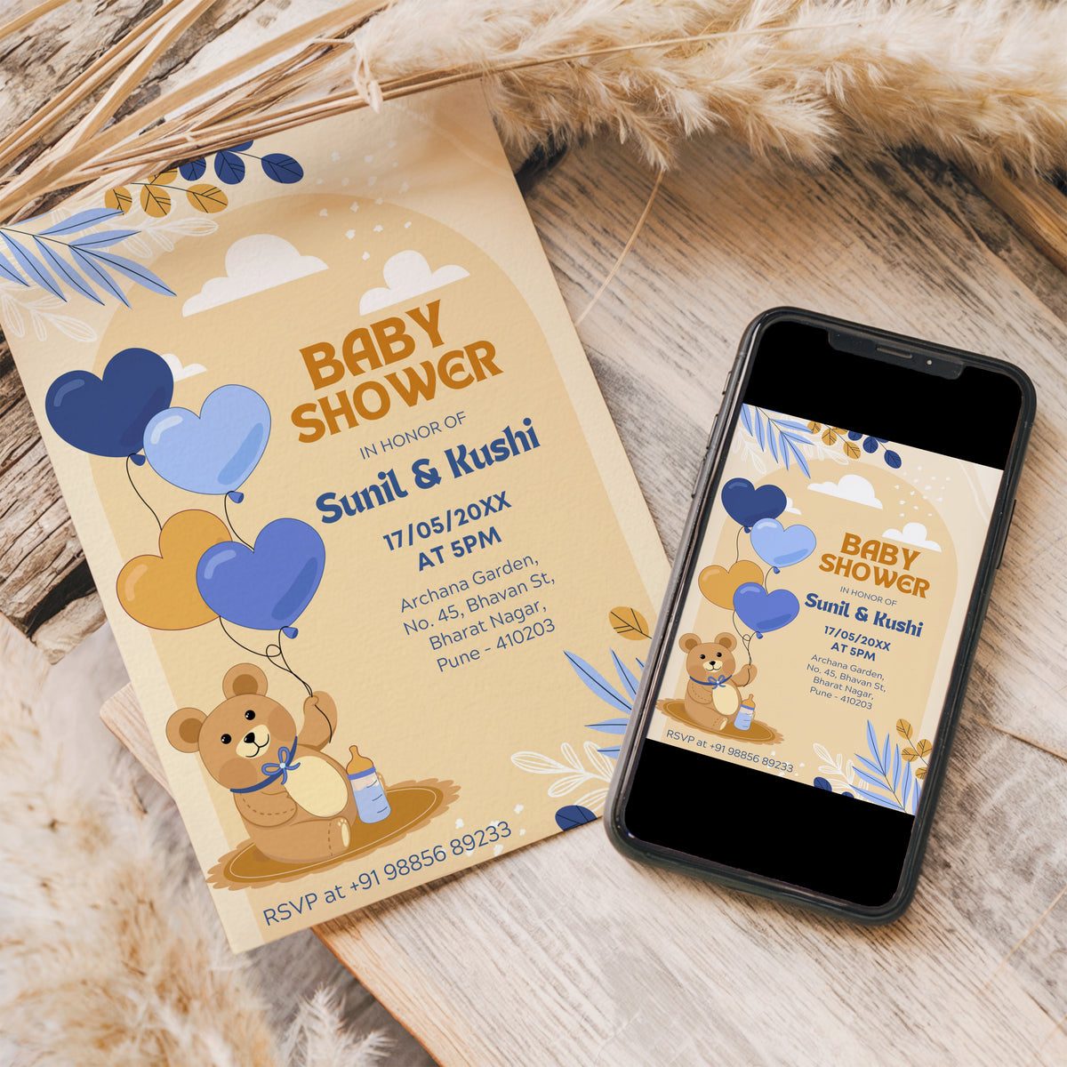 Flying Teddy Baby Shower Invitation Template, Printable Invitation, Gender reveal, Evite, Digital Invite,  – BS060