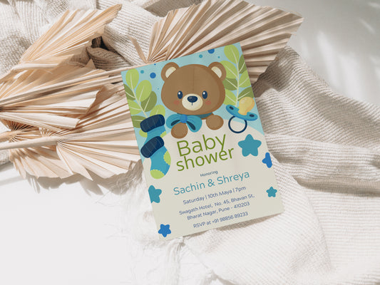 Blue Teddy Baby Shower Invitation Template, Printable Invitation, Gender reveal, Evite, Digital Invite,  – BS061