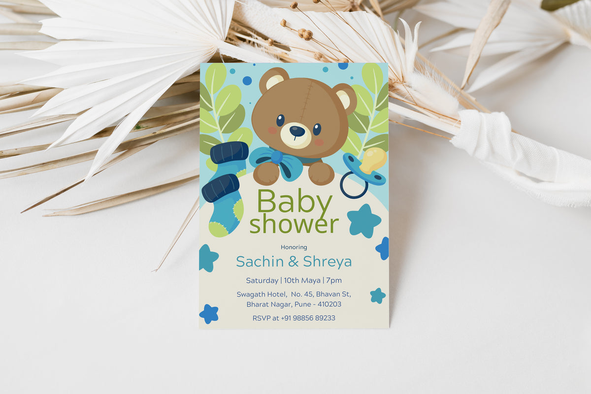 Blue Teddy Baby Shower Invitation Template, Printable Invitation, Gender reveal, Evite, Digital Invite,  – BS061
