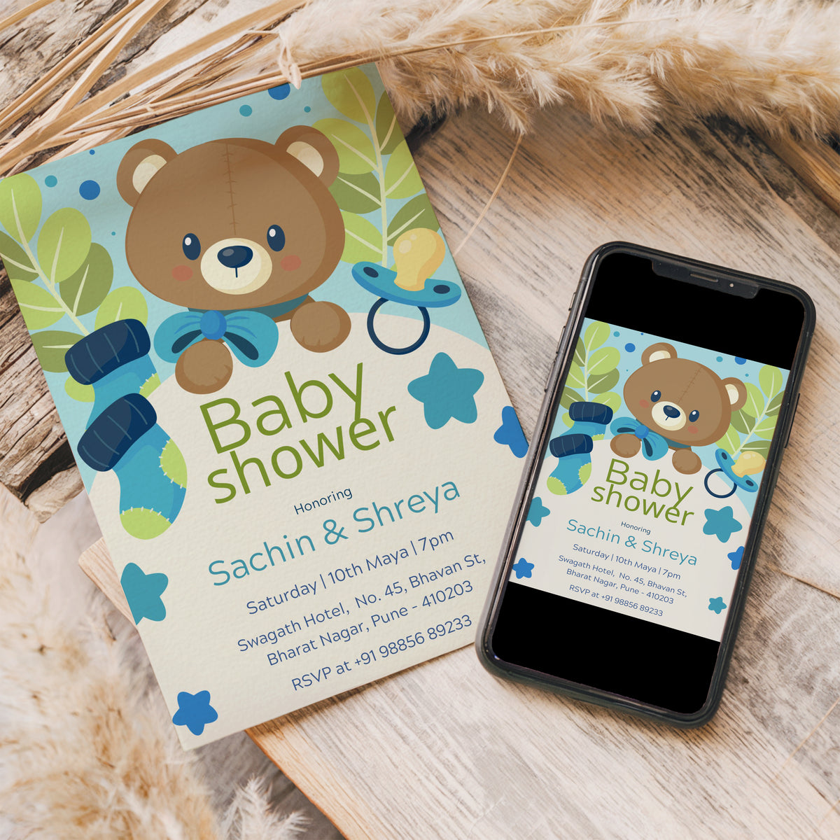 Blue Teddy Baby Shower Invitation Template, Printable Invitation, Gender reveal, Evite, Digital Invite,  – BS061