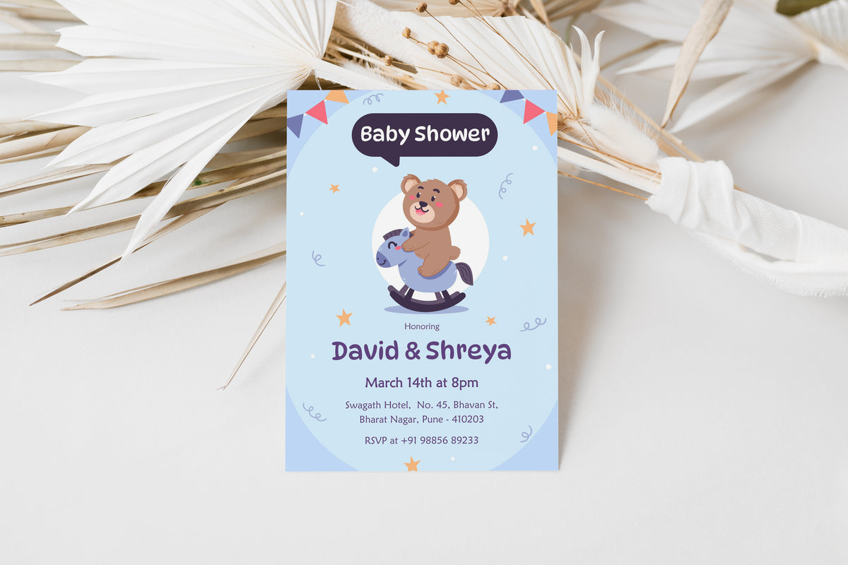 Riding Teddy Baby Shower Invitation Template, Printable Invitation, Gender reveal, Evite, Digital Invite, – BS062