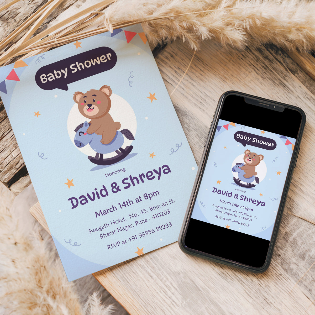 Riding Teddy Baby Shower Invitation Template, Printable Invitation, Gender reveal, Evite, Digital Invite, – BS062