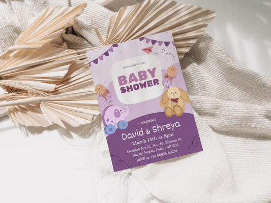 Purple Baby Shower Invitation Template, Printable Invitation, Gender reveal, Evite, Digital Invite, – BS063