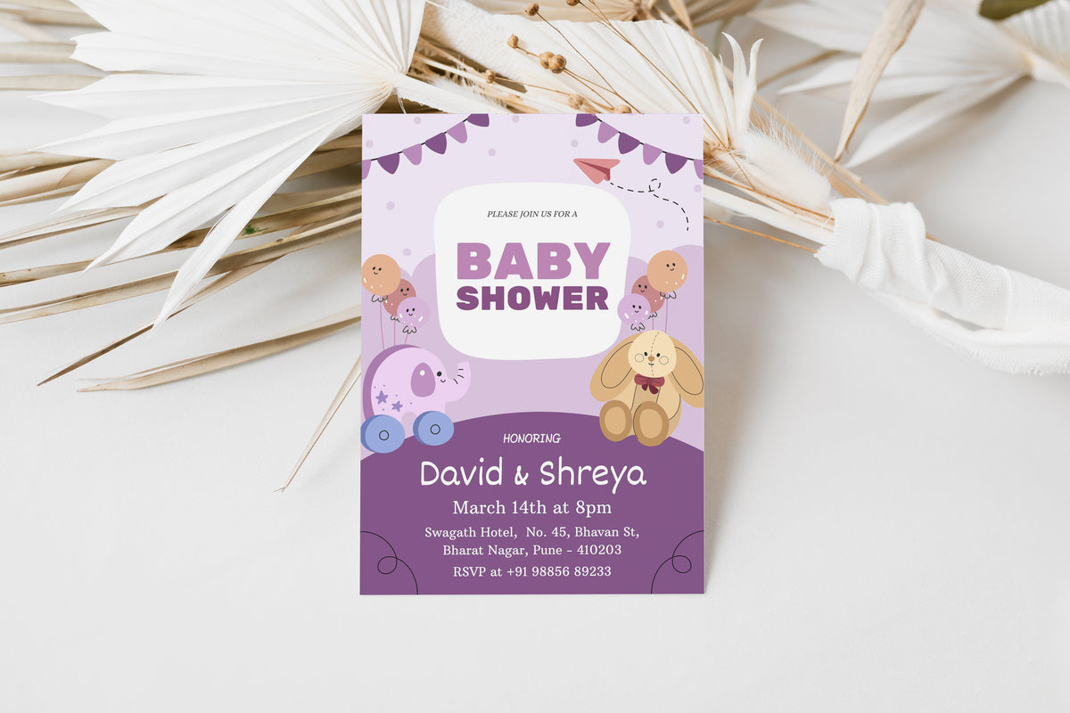 Purple Baby Shower Invitation Template, Printable Invitation, Gender reveal, Evite, Digital Invite, – BS063