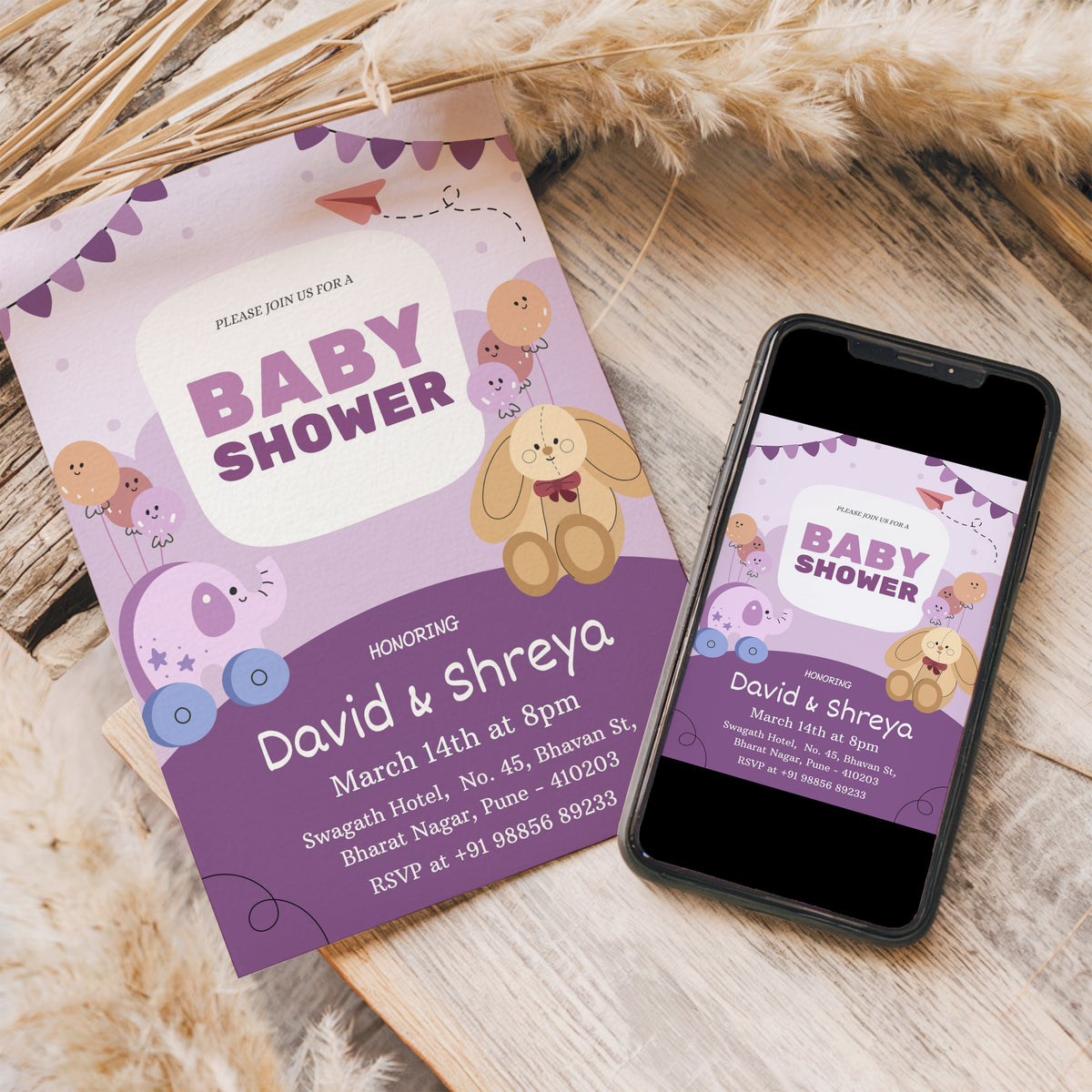 Purple Baby Shower Invitation Template, Printable Invitation, Gender reveal, Evite, Digital Invite, – BS063