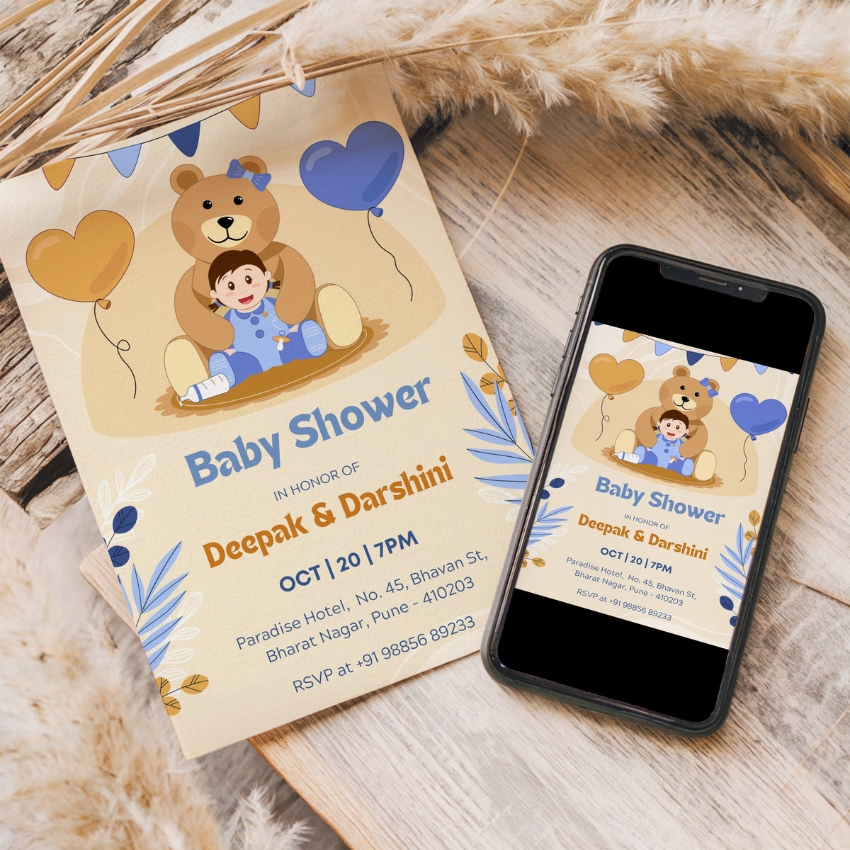 Bear Baby Shower Invitation Template, Printable Invitation, Gender reveal, Evite, Digital Invite, – BS065