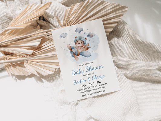 Pilot Bear Baby Shower Invitation Template, Printable Invitation, Gender reveal, Evite, Digital Invite, – BS066
