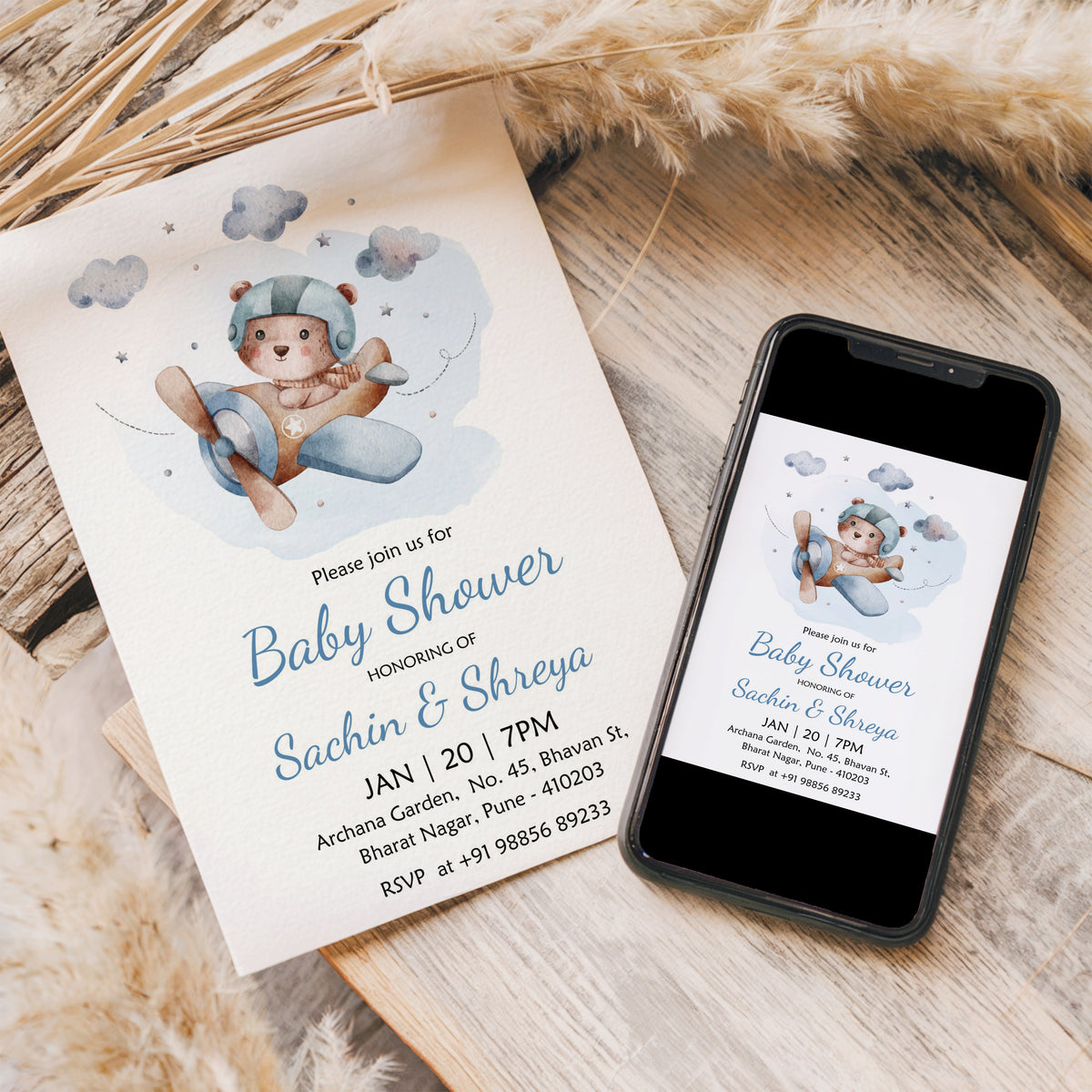 Pilot Bear Baby Shower Invitation Template, Printable Invitation, Gender reveal, Evite, Digital Invite, – BS066