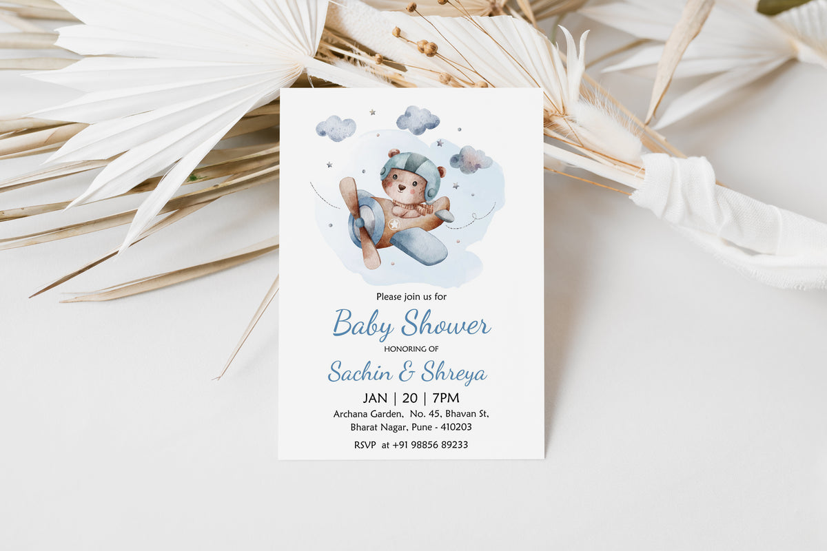Pilot Bear Baby Shower Invitation Template, Printable Invitation, Gender reveal, Evite, Digital Invite, – BS066