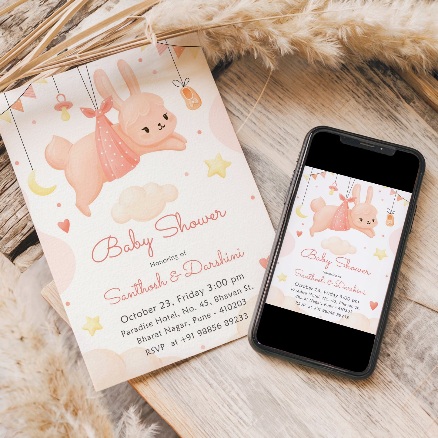 Bunny  Baby Shower Invitation Template, Printable Invitation, Gender reveal, Evite, Digital Invite,– BS071