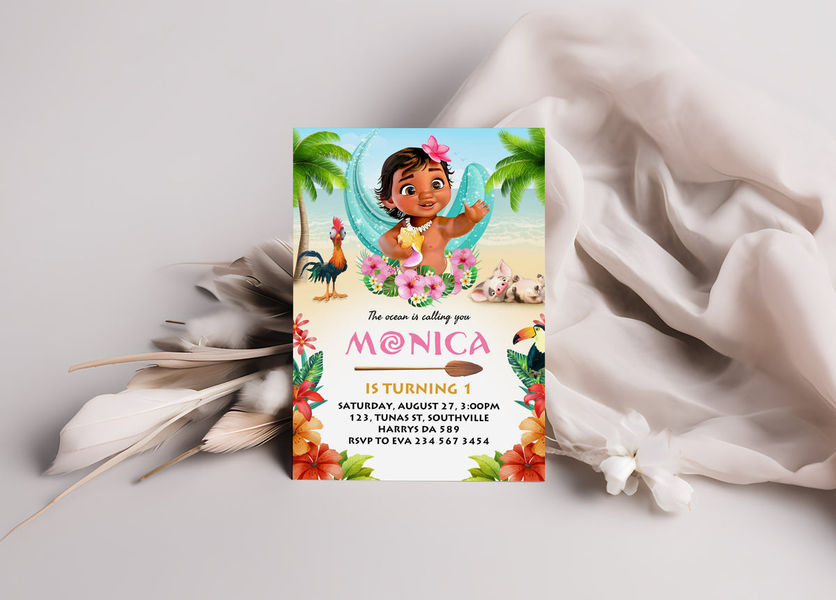 Baby Moana Birthday Invitation Template, Printable Invitation, Girl Birthday, Evite, Digital Invite, 0004