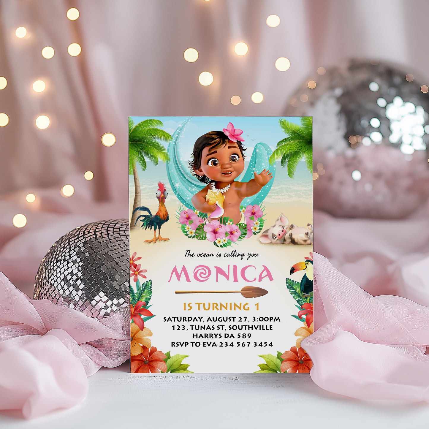 Baby Moana Birthday Invitation Template, Printable Invitation, Girl Birthday, Evite, Digital Invite, 0004