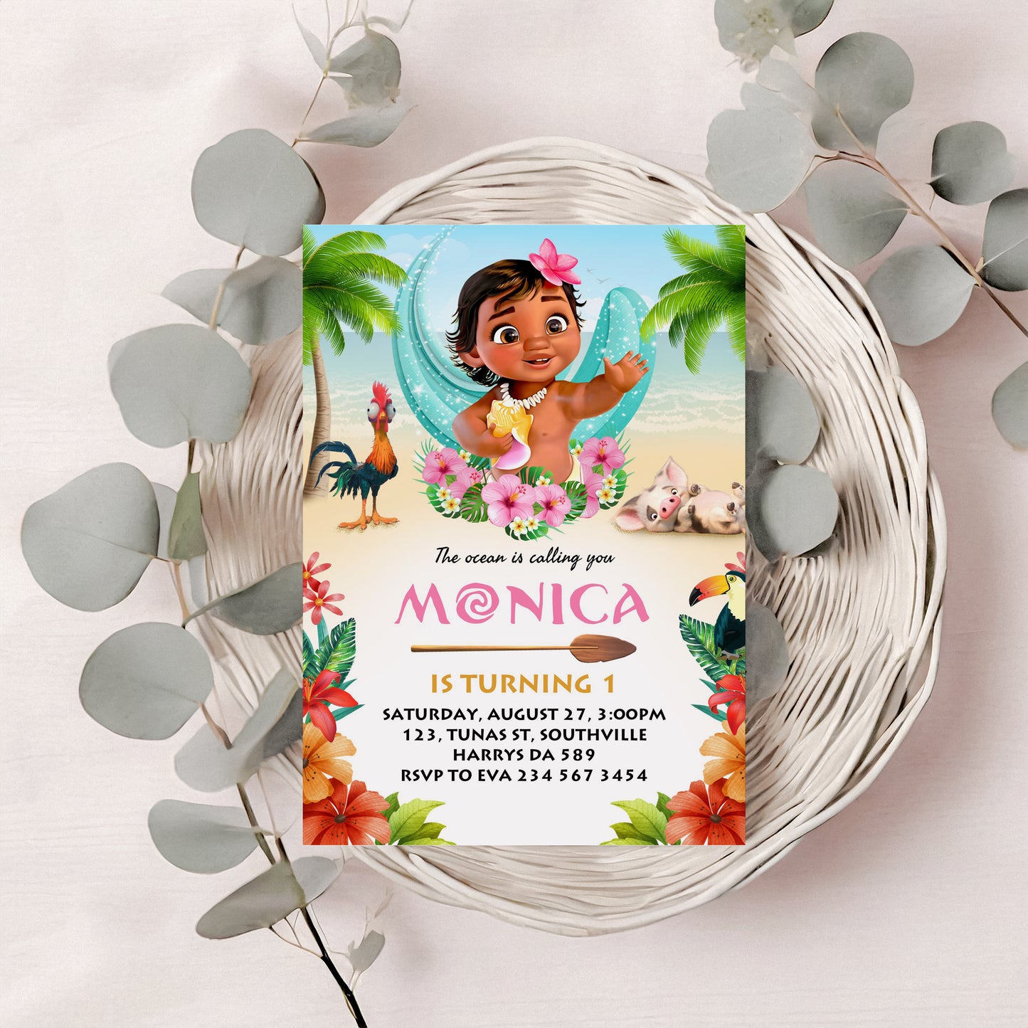 Baby Moana Birthday Invitation Template, Printable Invitation, Girl Birthday, Evite, Digital Invite, 0004