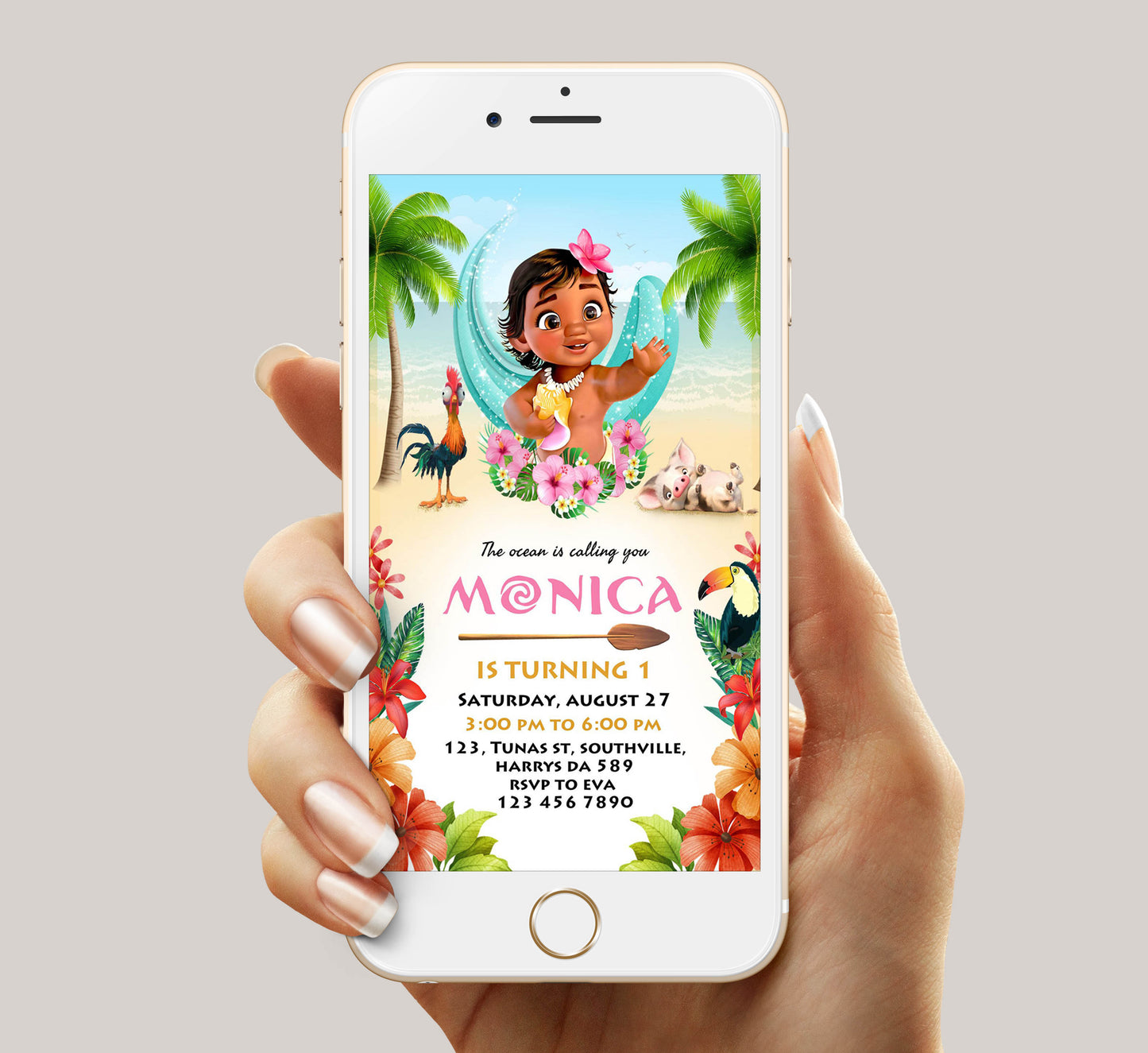 Baby Moana Birthday Invitation Template, Girl Birthday, Evite, Digital Invite, 0004