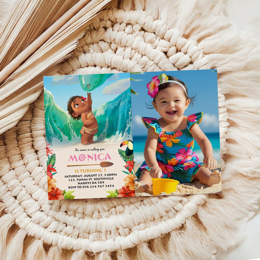Moana Invitation, Editable Digital Birthday Invite, Hawaiian Kids Party Template, Instant Download Invitation, Invitation with Photo 0073