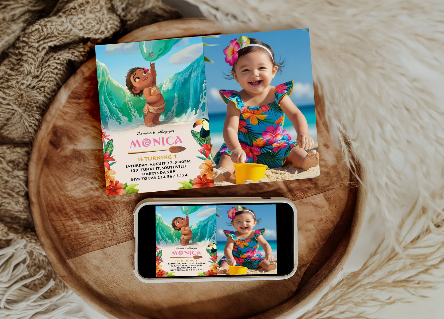 Moana Invitation, Editable Digital Birthday Invite, Hawaiian Kids Party Template, Instant Download Invitation, Invitation with Photo 0073