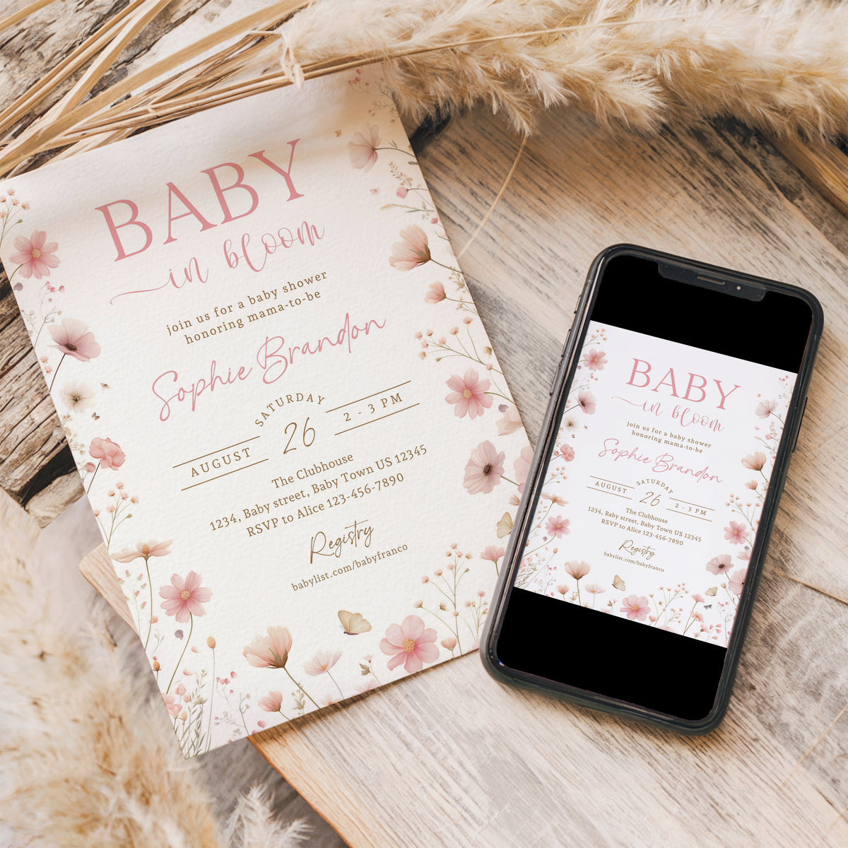 Baby in Bloom Baby Shower Invitation Template, Printable Invitation, Gender reveal, Evite, Digital Invite, – 0709