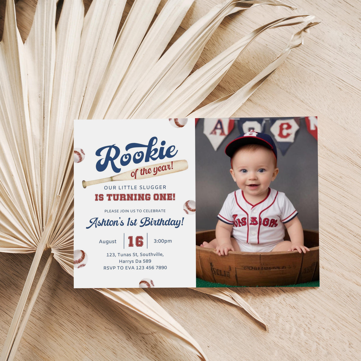 Baseball First Birthday Photo Invitation, Rookie Of The Year Photo Invite, Baseball Birthday Party, Birthday Photo Invite Suite Editable Template Photo Invite 0379