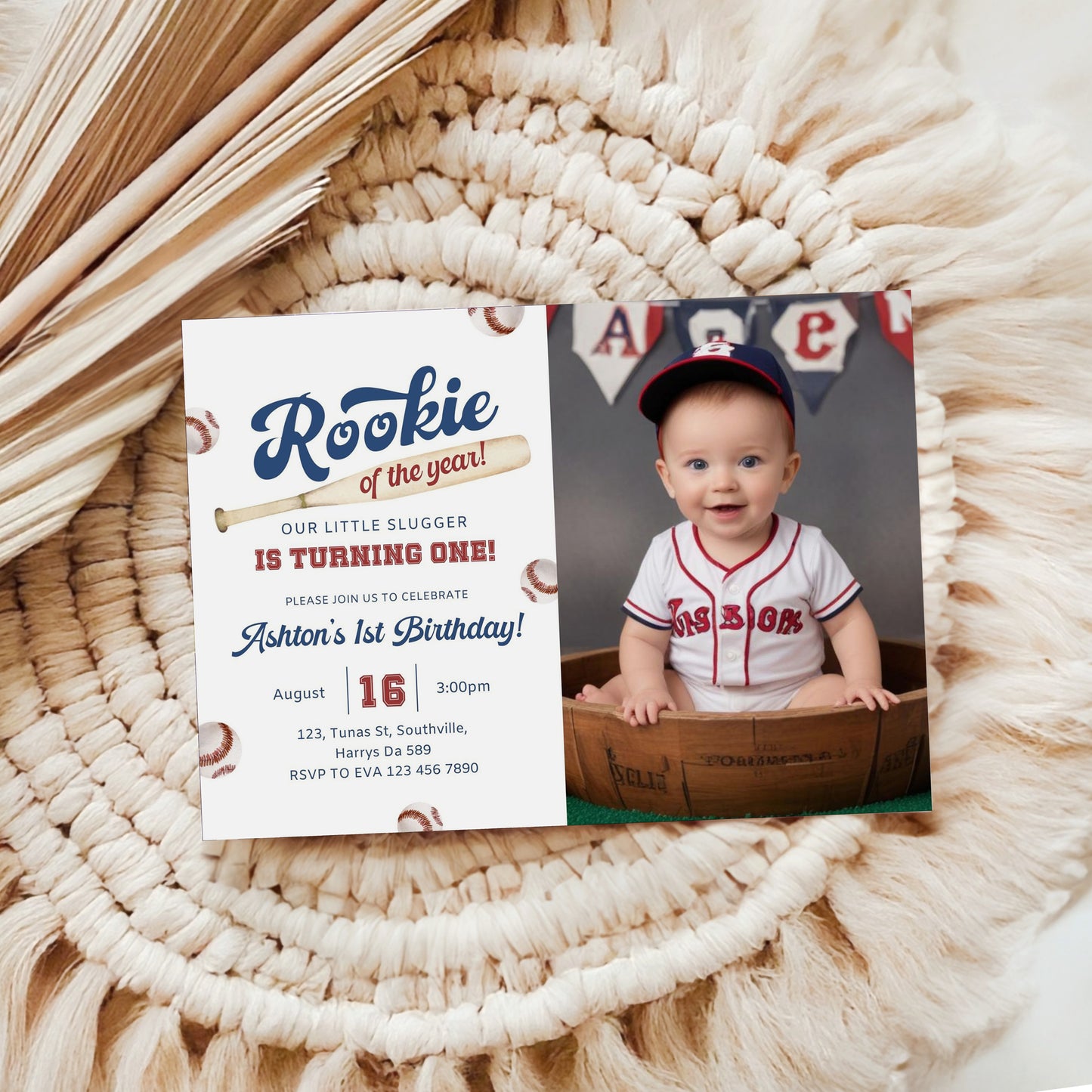 Baseball First Birthday Photo Invitation, Rookie Of The Year Photo Invite, Baseball Birthday Party, Birthday Photo Invite Suite Editable Template Photo Invite 0379