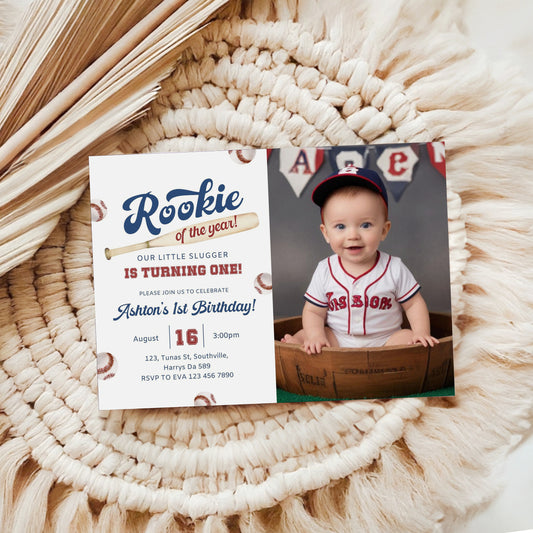 Baseball First Birthday Photo Invitation, Rookie Of The Year Photo Invite, Baseball Birthday Party, Birthday Photo Invite Suite Editable Template Photo Invite 0379