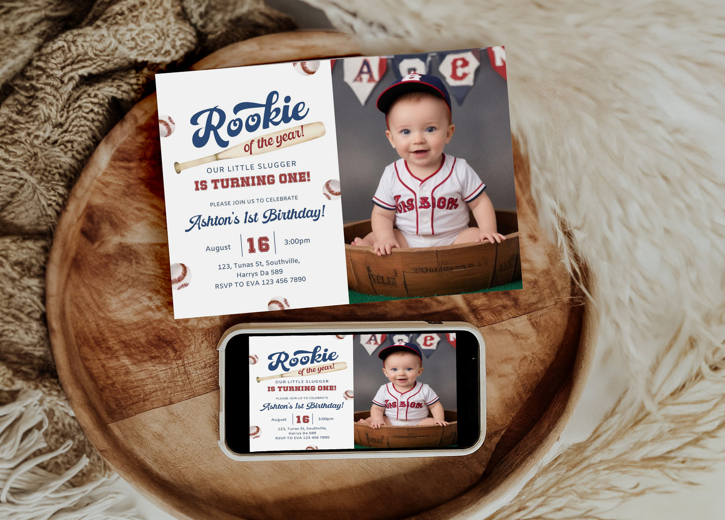 Baseball First Birthday Photo Invitation, Rookie Of The Year Photo Invite, Baseball Birthday Party, Birthday Photo Invite Suite Editable Template Photo Invite 0379