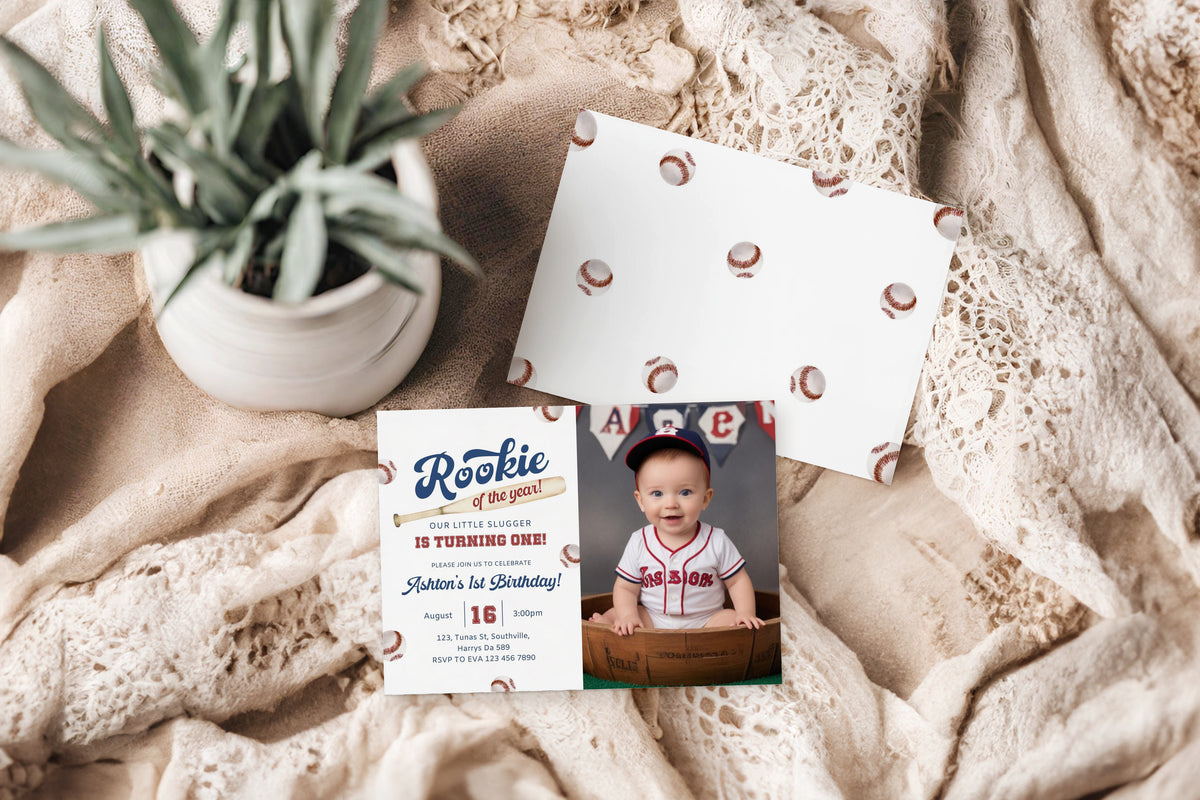 Baseball First Birthday Photo Invitation, Rookie Of The Year Photo Invite, Baseball Birthday Party, Birthday Photo Invite Suite Editable Template Photo Invite 0379