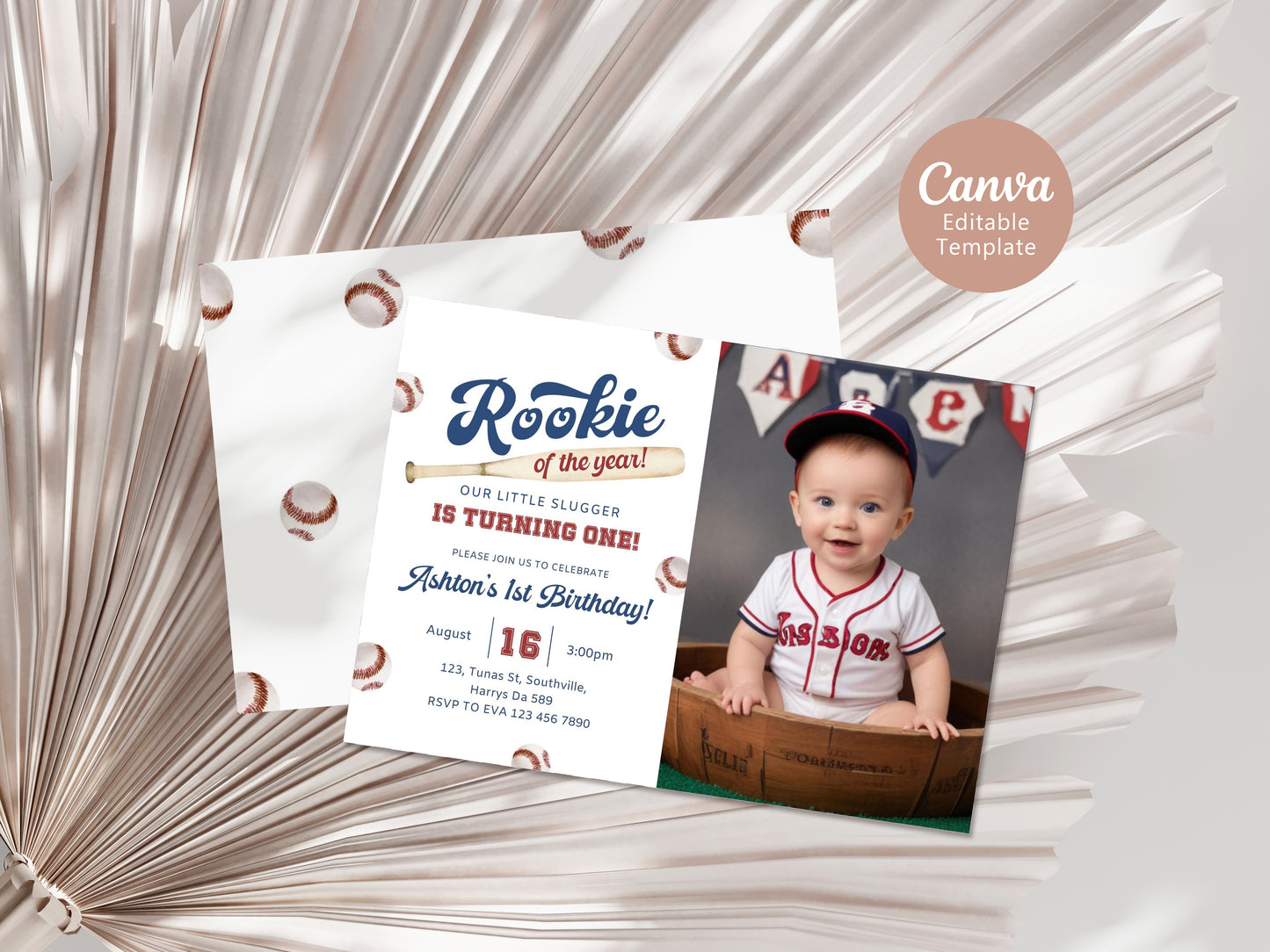 Baseball First Birthday Photo Invitation, Rookie Of The Year Photo Invite, Baseball Birthday Party, Birthday Photo Invite Suite Editable Template Photo Invite 0379