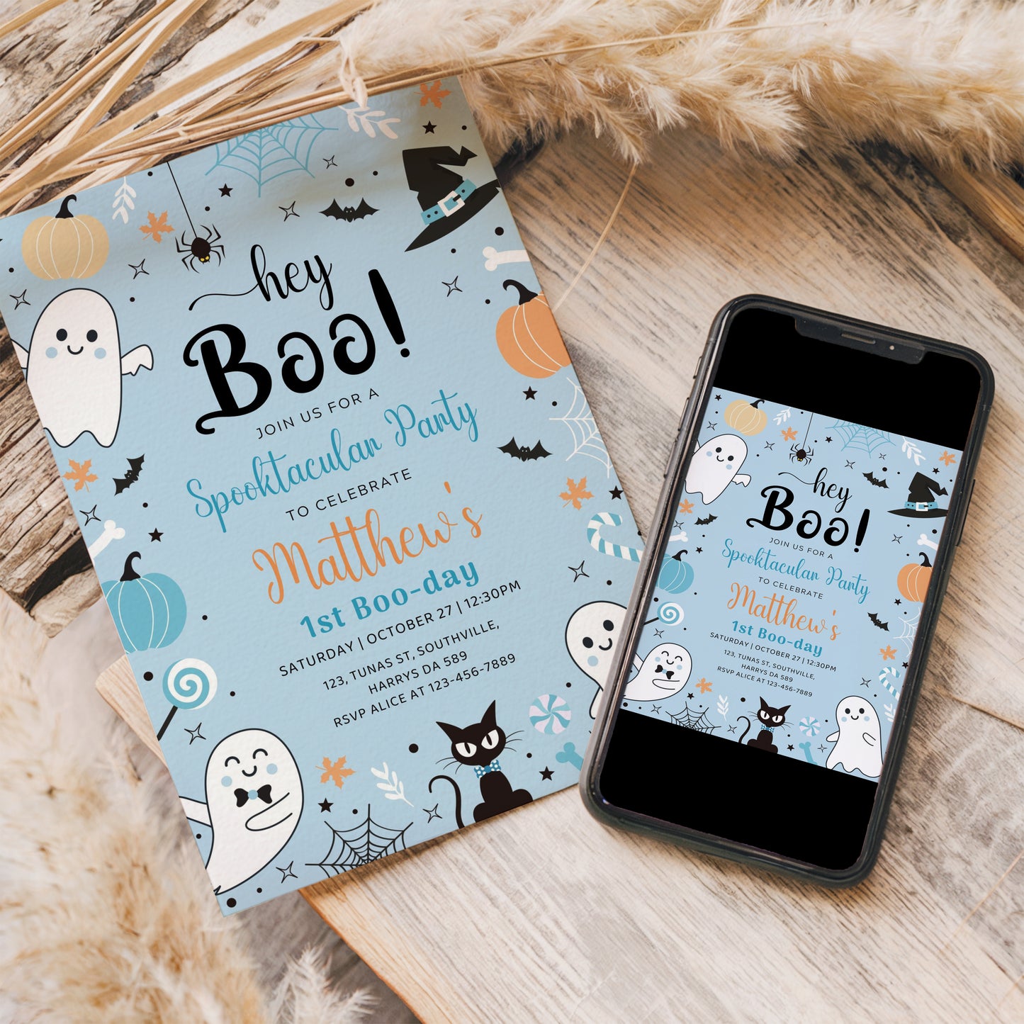 Editable Blue Ghost Birthday Invitation Hey Boo Boy Blue 1st Birthday Ghost Invite Halloween Cute Ghost Spooky Printable Download 0372