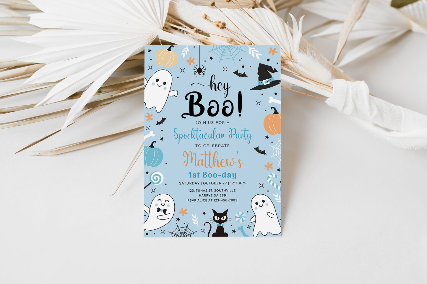 Editable Blue Ghost Birthday Invitation Hey Boo Boy Blue 1st Birthday Ghost Invite Halloween Cute Ghost Spooky Printable Download 0372