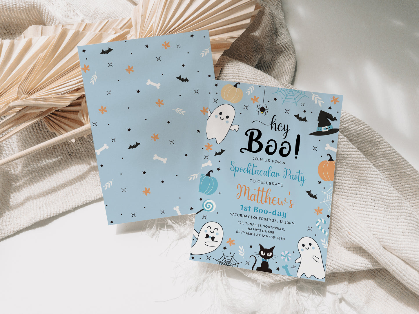 Editable Blue Ghost Birthday Invitation Hey Boo Boy Blue 1st Birthday Ghost Invite Halloween Cute Ghost Spooky Printable Download 0372