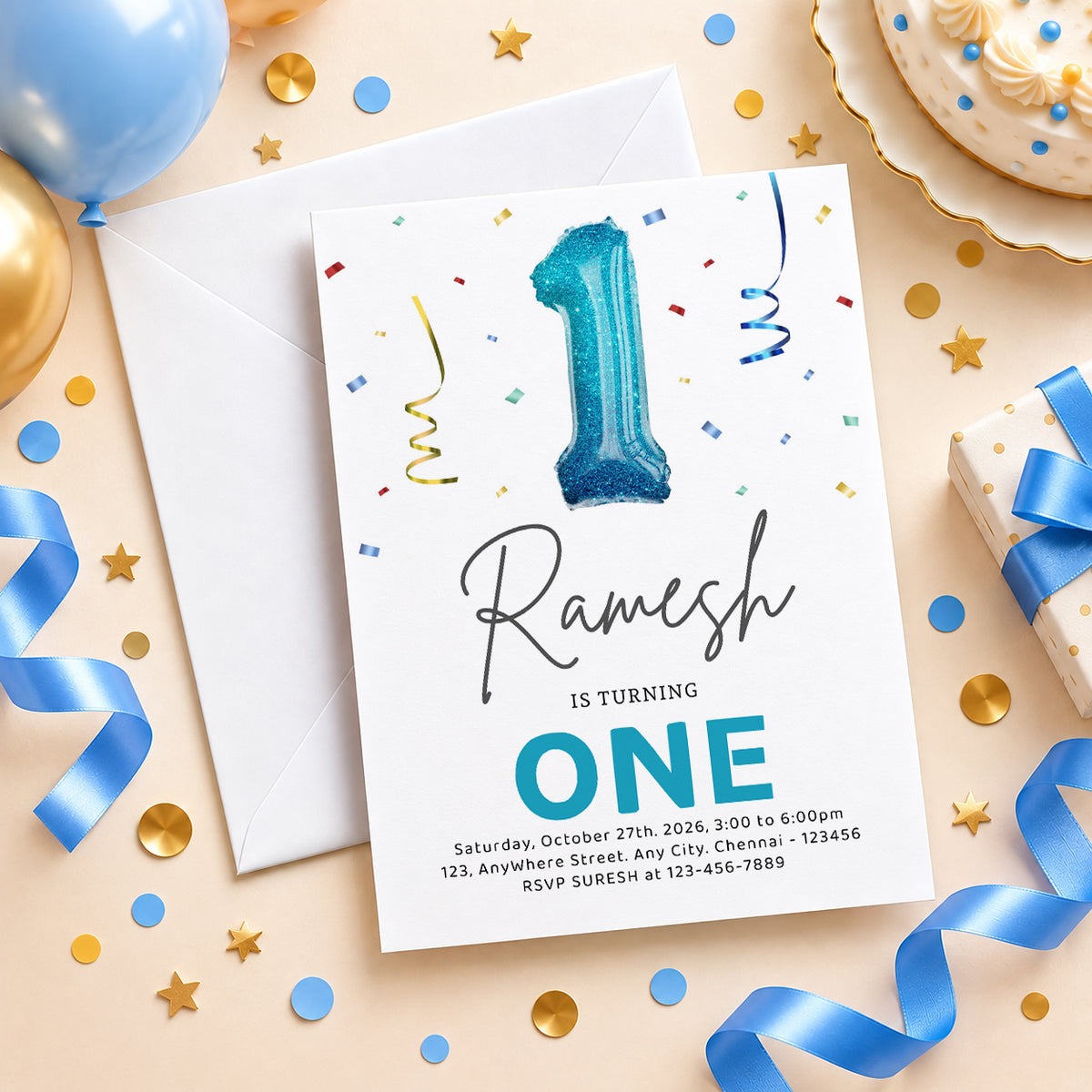 Blue Balloon One 1st Birthday Invitation| Digital & Printed