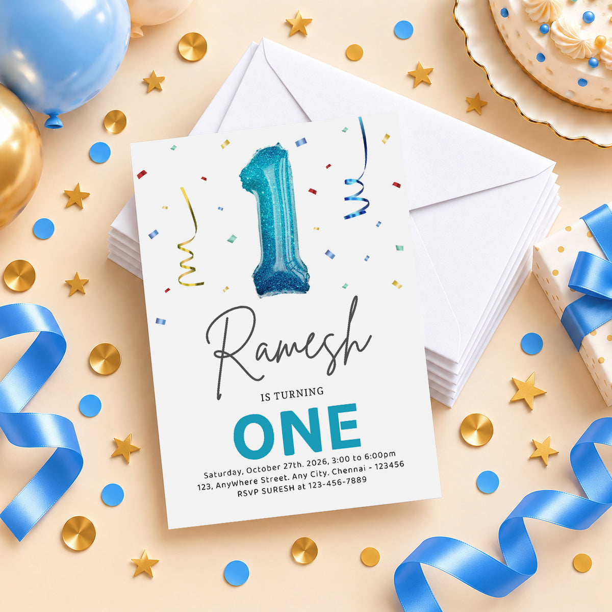Blue Balloon One 1st Birthday Invitation| Digital & Printed